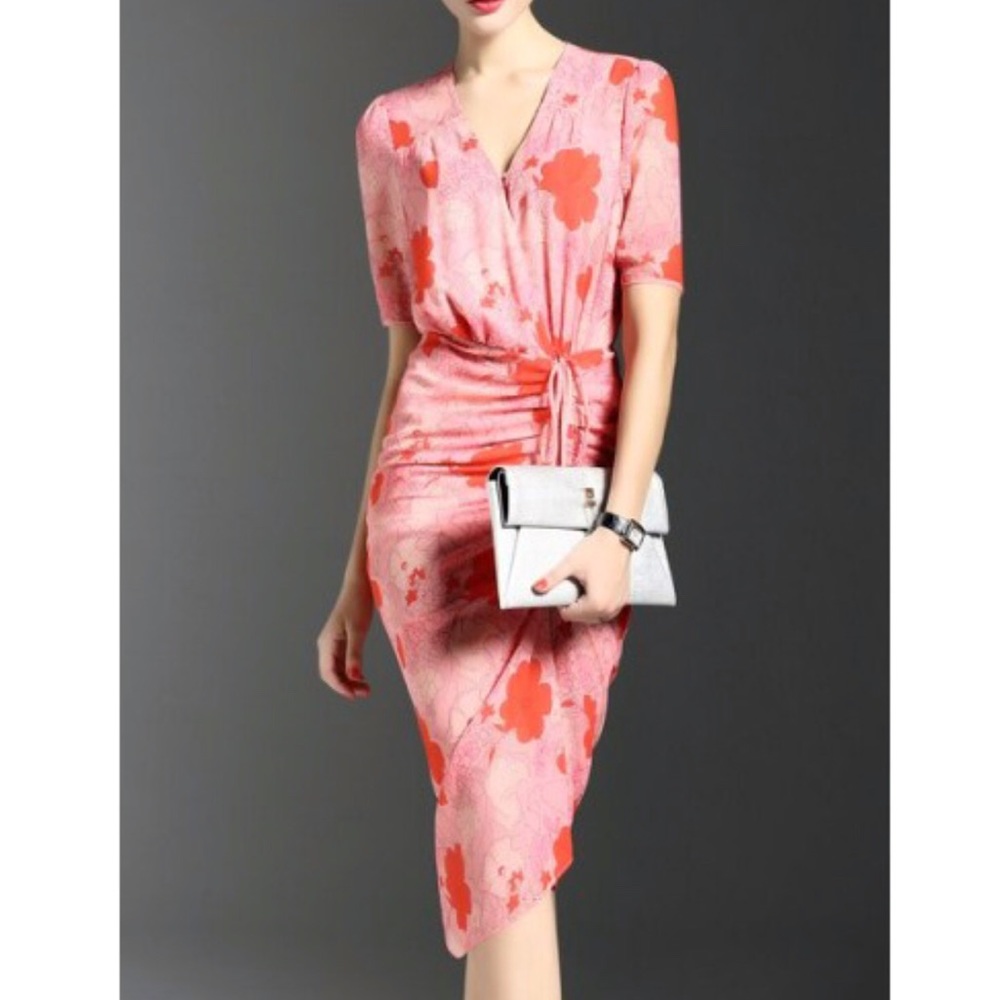 NWT Misslook Floral V Neck Printed Ruche Dress -6